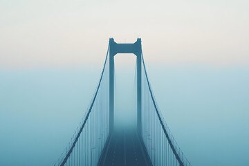 Fototapeta premium Long bridge extending into thick fog, gradually vanishing into the mist, creating a surreal and infinite landscape.
