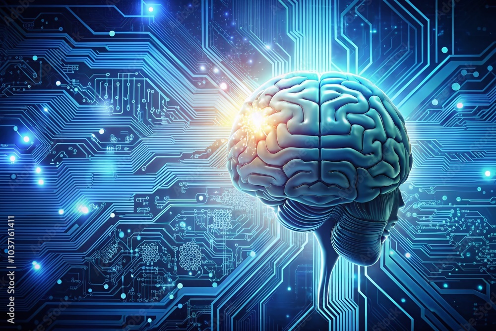 Poster brain with circuit board design symbolizing ai technology and innovation for futuristic concepts