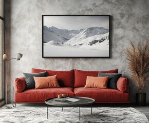 A warm and inviting living room with red couch, mountain artwork, blending rustic and modern design elements.