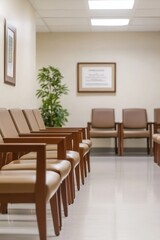 Fototapeta premium A waiting room with wooden chairs, a plant, and framed artwork on the walls.