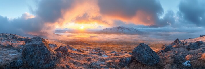 Expansive cloudscape over a serene landscape, gentle sunlight illuminating the horizon, evoking tranquility and vastness