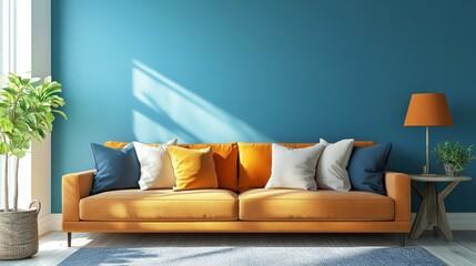 A colorful living room has a vibrant orange couch against bold blue walls, enhanced by sunlight and multicolored cushions.