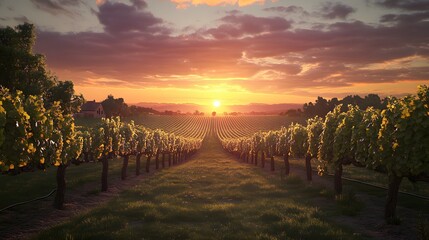 176. A peaceful sunset over a vineyard, with rows of grapevines stretching into the distance