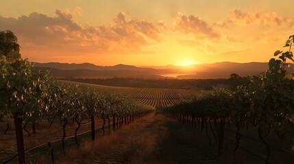 Obraz premium 176. A peaceful sunset over a vineyard, with rows of grapevines stretching into the distance