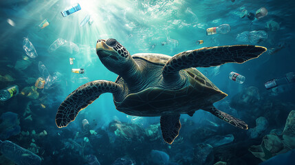 Obraz premium A Dramatic Image of Plastic Bottles, Bags, and Waste Floating on the Ocean’s Surface, Representing the Dire State of Our Seas and the Urgent Need for Action to Address Marine Pollution