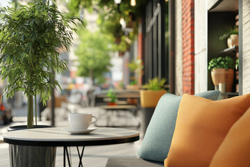 A trendy outdoor cafe mockup with cozy seating
