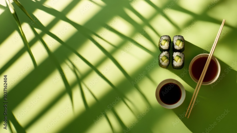 Aufkleber savor a fresh japanese sushi roll with cucumber served alongside soy sauce and chopsticks on a brigh