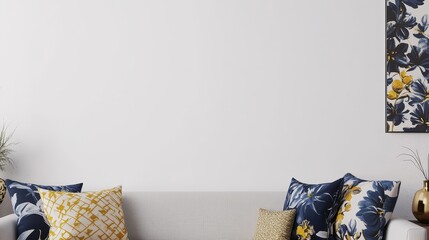 Bright and vivid colors define this minimalist sofa setting, featuring floral art on a stark white wall and patterned cushions.