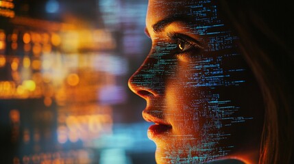 Profile of a woman illuminated by digital code projections, symbolizing artificial intelligence and human-technology interface in a futuristic setting.