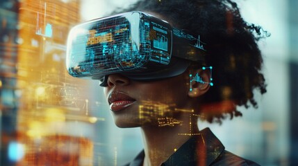 Futuristic virtual reality headset illuminates with digital projections, merging technology and human experience in a vibrant cityscape of data and light.
