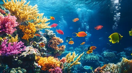 Naklejka premium 182. A vibrant coral reef with a variety of fish swimming among colorful corals