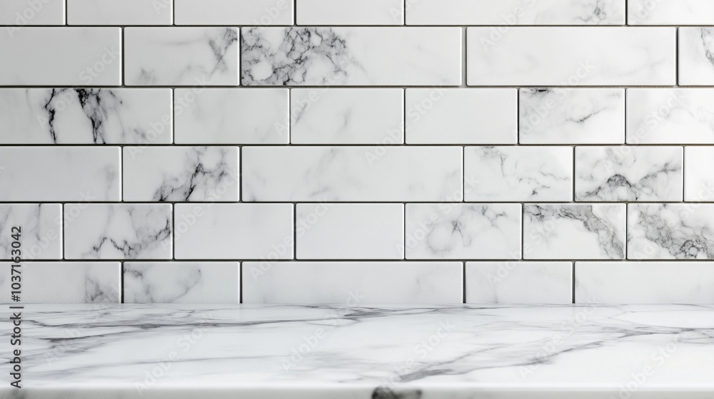 Poster elegant marble-patterned subway tiles create a luxurious backdrop, with a matching marble countertop