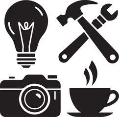 Bulb Icons-  camera icon- microphone glph icon - Human brain icon- Heart Icon- Mobile phone icon- Home icon - ALL VECTOR 
Illustration LCON white background.