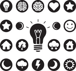 Bulb Icons-  camera icon- microphone glph icon - Human brain icon- Heart Icon- Mobile phone icon- Home icon - ALL VECTOR 
Illustration LCON white background.