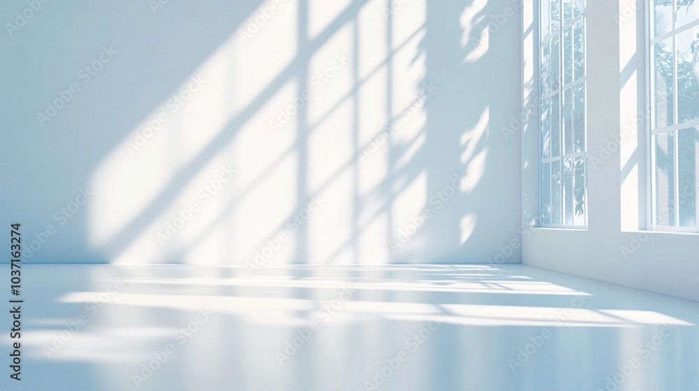 Poster sunlight streaming through large windows casts geometric shadows on pristine white walls and floors,