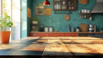 Rustic wooden table in foreground of cozy kitchen with teal walls, red accents, and sunlit window. Warm ambiance perfect for home cooking and gatherings.