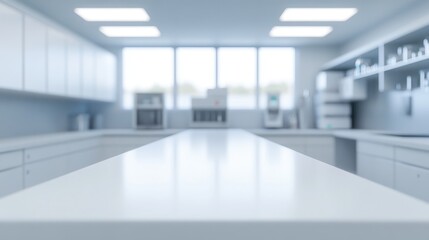 Minimalist lab scene with white countertops and advanced equipment blurred in the background, awaiting scientific experiments.