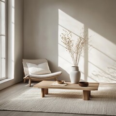 A minimalist room with simple furniture, natural light, and textures that focus on creating a tranquil and balanced environment.