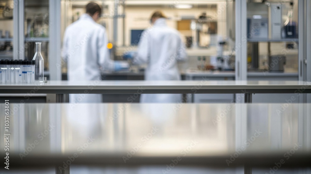 Leinwandbilder modern laboratory background with an empty table in the foreground, while scientists work on researc