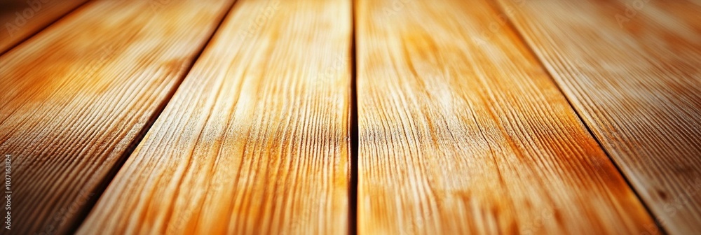 Poster close-up view of light wooden planks with pronounced grain texture, converging towards a vanishing p