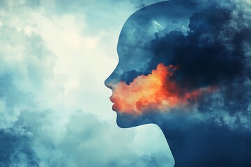 A surreal silhouette of a woman with fiery orange clouds inside her profile, symbolizing emotions, imagination, and the energy of creative thought.
