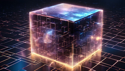 A transparent cube floating in the air, with digital data floating around it, and soft reflections on its surface.