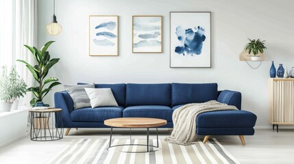A stylish living room featuring a navy sofa, artistic abstract paintings, minimal decorations, and natural sunlight filtering inside.