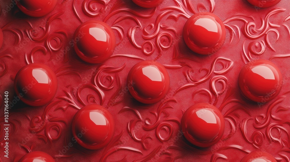 Poster multiple red spheres arranged on a textured red background, creating an elegant pattern and a sense 