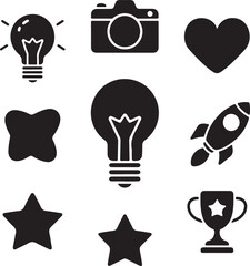 Bulb Icons-  camera icon- microphone glph icon - Human brain icon- Heart Icon- Mobile phone icon- Home icon - ALL VECTOR 
Illustration LCON white background.