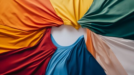 A fan-like display of men t-shirts in complementary colors, each shirt overlapping slightly, bright lighting to highlight the fabric texture, white background, creative and dynamic style, playful