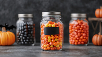 Three glass jars filled with colorful Halloween candies, surrounded by pumpkins and festive decor, creating a spooky seasonal vibe.
