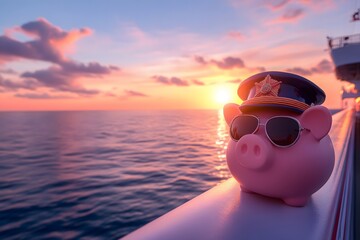 Piggy Bank Captain in Sunglasses on Cruise Ship Deck at Sunset