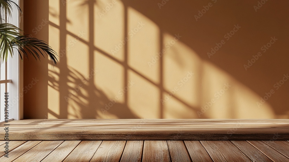 Poster sunlight casts geometric shadows on a warm beige wall, creating a serene interplay of light and shad
