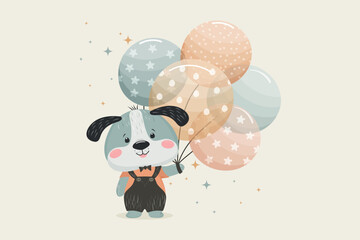A festive greeting card, background, banner with a cute puppy and balloons that are hand-drawn. Vector children's design.
