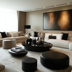A sophisticated monochrome living room with plush seating, modern artwork, and stylish decor in a cohesive design.