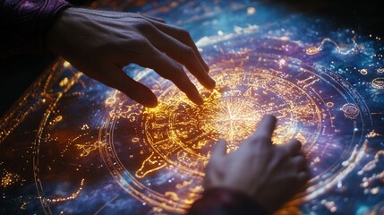 Mystical hands reaching towards a glowing zodiac wheel, surrounded by cosmic energy and twinkling stars, evoking a sense of astrological divination.