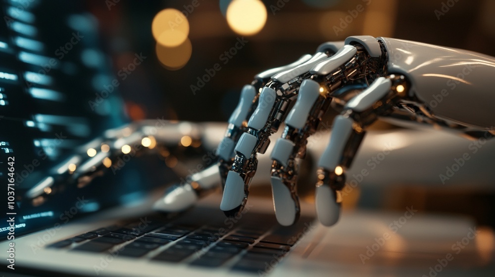 Poster futuristic robotic hand typing on laptop keyboard, symbolizing artificial intelligence and technolog