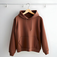 A brown hoodie displayed on a hanger, showcasing its design and color.