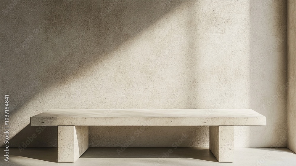 Poster minimalist concrete bench in sunlit room: clean lines and geometric form create a striking interplay