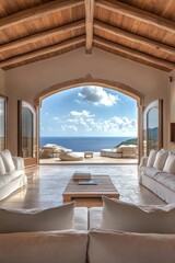 Fototapeta premium A vast living room with arched windows offers panoramic sea views, complementing the luxurious lounge area with serene ambiance.