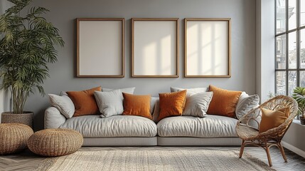 This inviting living room boasts neutral hues and orange accents with earthy elements, exuding warmth and comfort in a cozy setting.