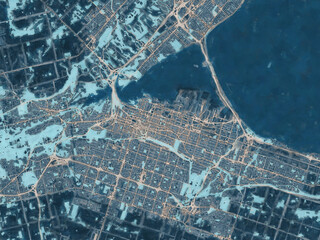 Painterly Style City Map of Hamilton Ontario, Canada in a Blue Color Scheme.