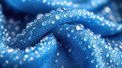 Close-up of blue fabric with water droplets, showcasing texture and moisture.