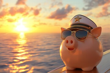 A piggy bank wearing sunglasses and a captain's hat sits on a boat deck at sunset