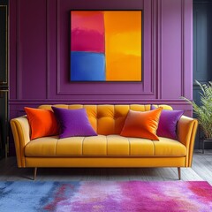 A strikingly modern living room showcasing a bright yellow sofa with colorful cushions and vibrant abstract wall art.