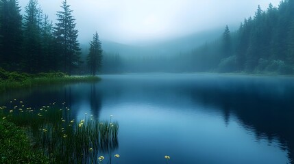 Obraz premium A tranquil lake surrounded by misty forests, capturing the serene beauty of nature with calm waters reflecting the soft hues of dawn.
