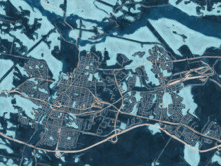 Painterly Style City Map of Jonquière Quebec, Canada in a Blue Color Scheme.