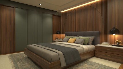 A sophisticated bedroom features wood finishes, rich fabrics, and ambient lighting, creating a restful and luxurious atmosphere.