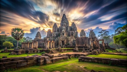 Fototapeta premium Captivating Long Exposure of Bayon Temple Faces in Angkor Thom, Cambodia - Ancient Architecture and Mystical Atmosphere