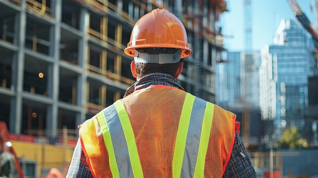 A construction worker wearing full protective gear on-site, emphasizing the importance of workplace safety